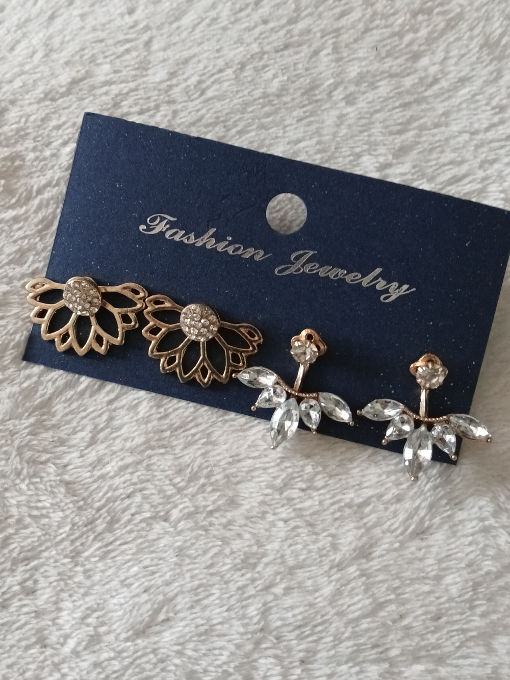 Gold-Tone Floral 2 Piece Studs + Clear Crystal Leaf Drop Earrings - 2 PAIRS!